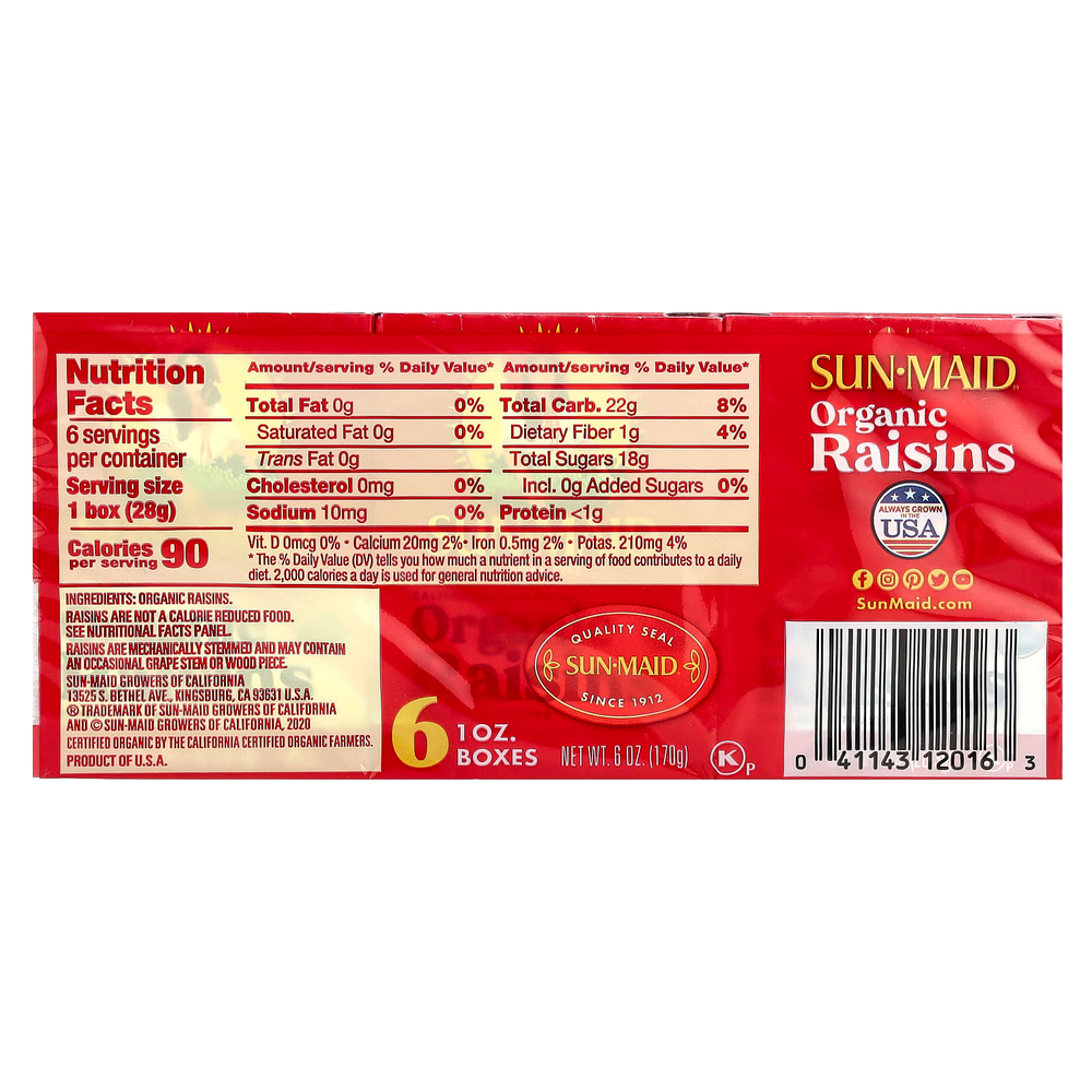 Sun-Maid, California, высушенный на солнце органический изюм, 6 упаковок по 28,3 г (1 унции)