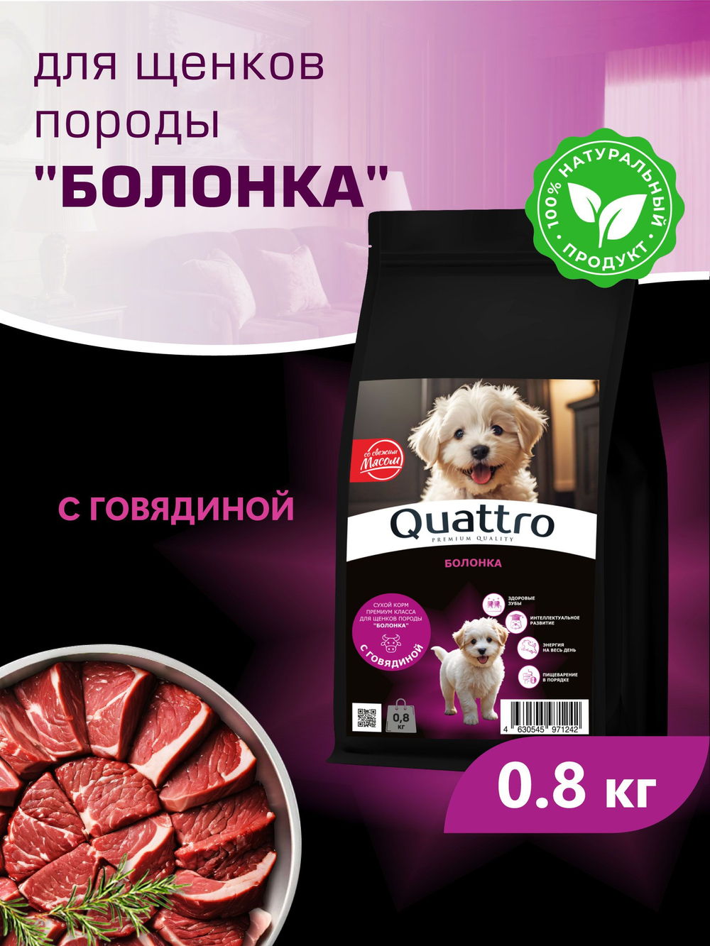 Корм сухой для щенков породы Болонка, с говядиной, 800 гр, QUATTRO