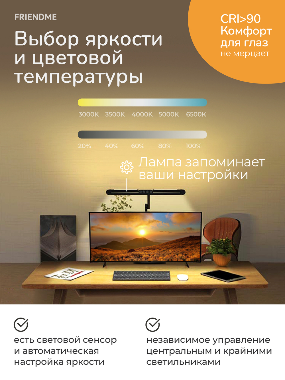 Светильник FRIENDME настольный на подставке светодиодный No.9 черный с тройным источником света. Яркость 1300 lum. 24W.