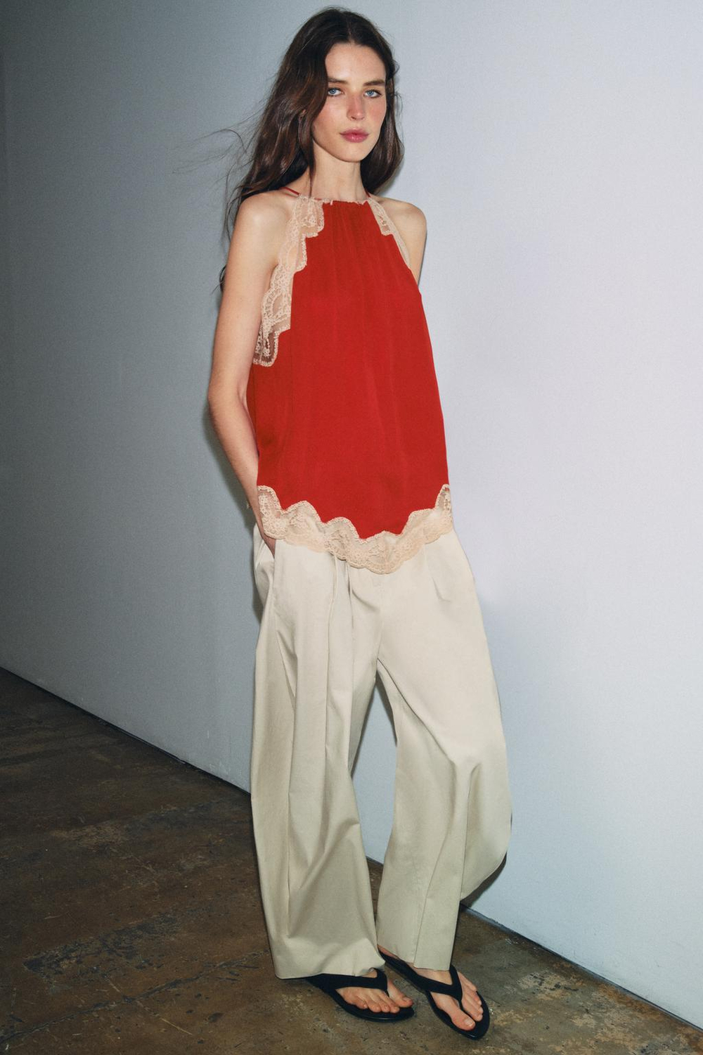 ZARA КРУЖЕВНОЙ ТОП ХАЛТЕР — ZW COLLECTION, ТЕМНЫЙ ЧЕРЕПИЧНЫЙ