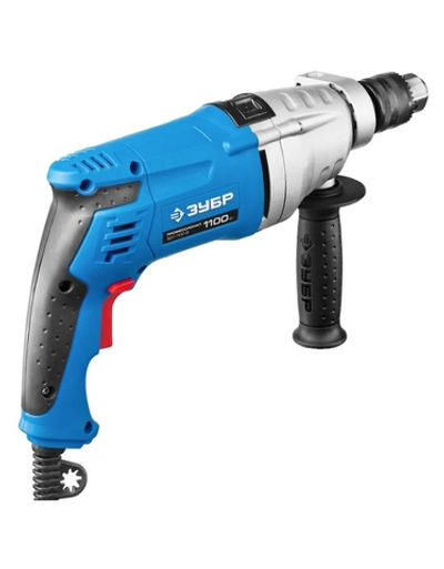 ЗУБР "ПРОФЕССИОНАЛ" ЗДУ-1100-2 ЭРММ2 Дрель-ударная  [ЗДУ-1100-2 ЭРММ2]  { 2скоростная,мет корпус редуктора,патрон 13мм, реверс,d сталь-16 мм/бетон-16 мм/дерево-35 мм,1100Вт }