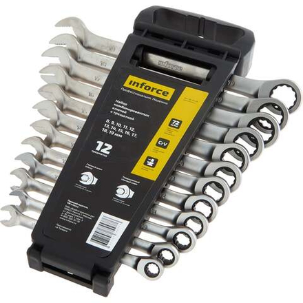 Набор комбинированных ключей с трещоткой 12 предметов Inforce, Сталь Cr-V, 8-19мм, 06-05-49