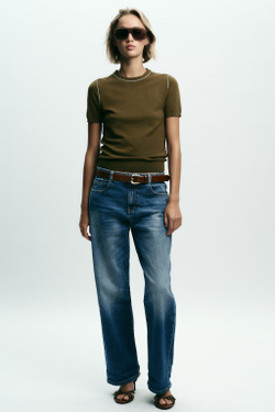 ZARA ТРИКОТАЖНЫЙ ТОП С КОРОТКИМИ РУКАВАМИ И ОТДЕЛКОЙ, ХАКИ