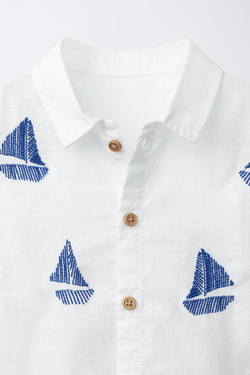 ZARA РУБАШКА С ВЫШИВКОЙ «ЛОДКИ», БЕЛЫЙ