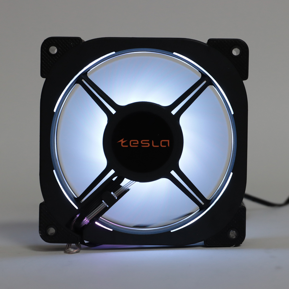 Комплект из 3 вентиляторов TESLA RGB120-XB3, 120мм, 1200rpm, Molex, черный-белый/RGB, 38CFM, 21дБ, антивибропрокладки, бесконечное зеркало, изменение скорости анимации подсветки (TSL-120-XB3)