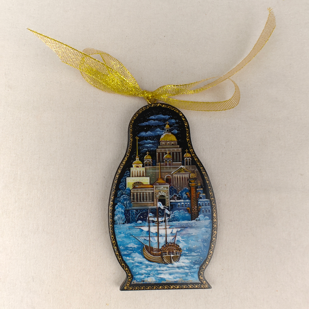 Сувенир Матрешка "Санкт-Петербург" с росписью Палех в подарочном футляре