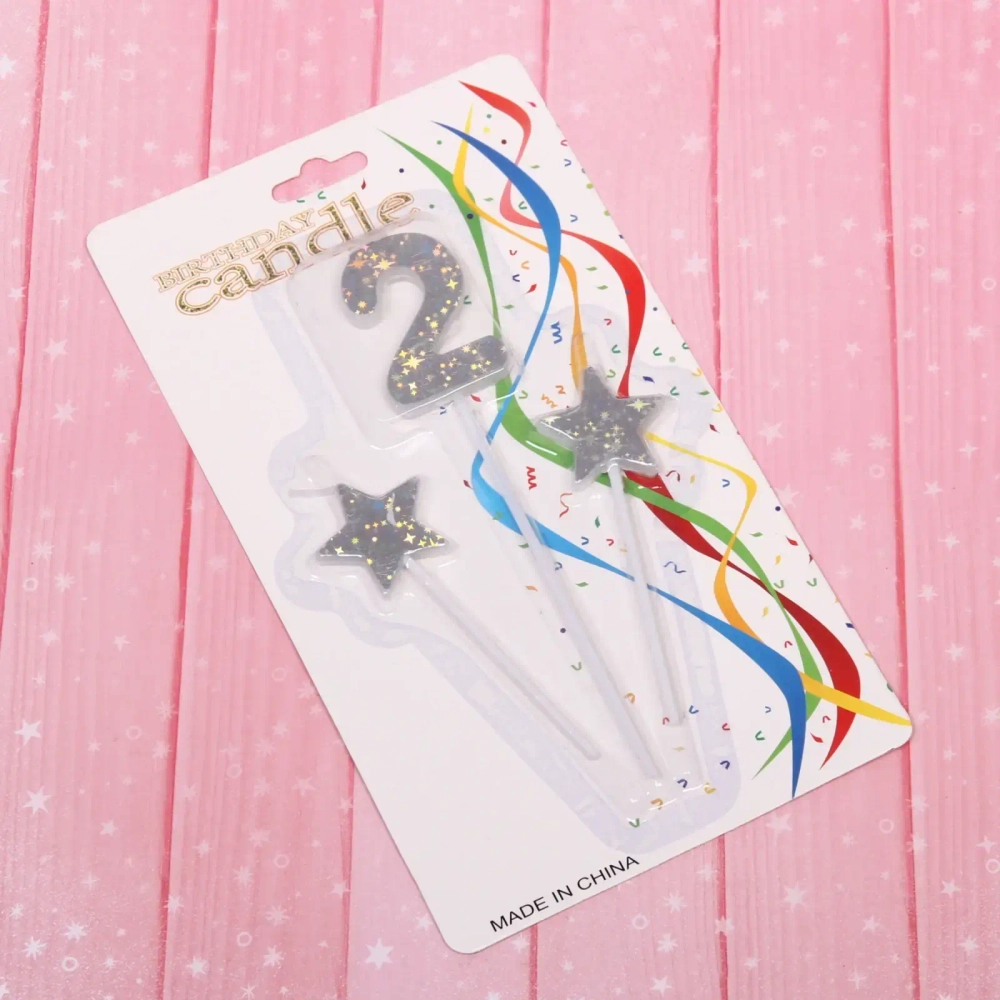 Свеча для торта Цифра Звёздное сияние «2» 16 см (набор 3шт), серебро