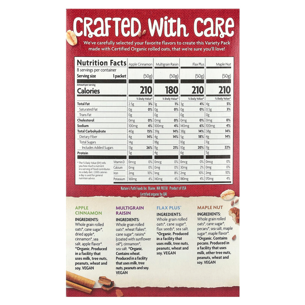 Nature's Path, Органическая овсянка быстрого приготовления, разнообразная упаковка, 8 пакетиков, 400 г (14 унций)