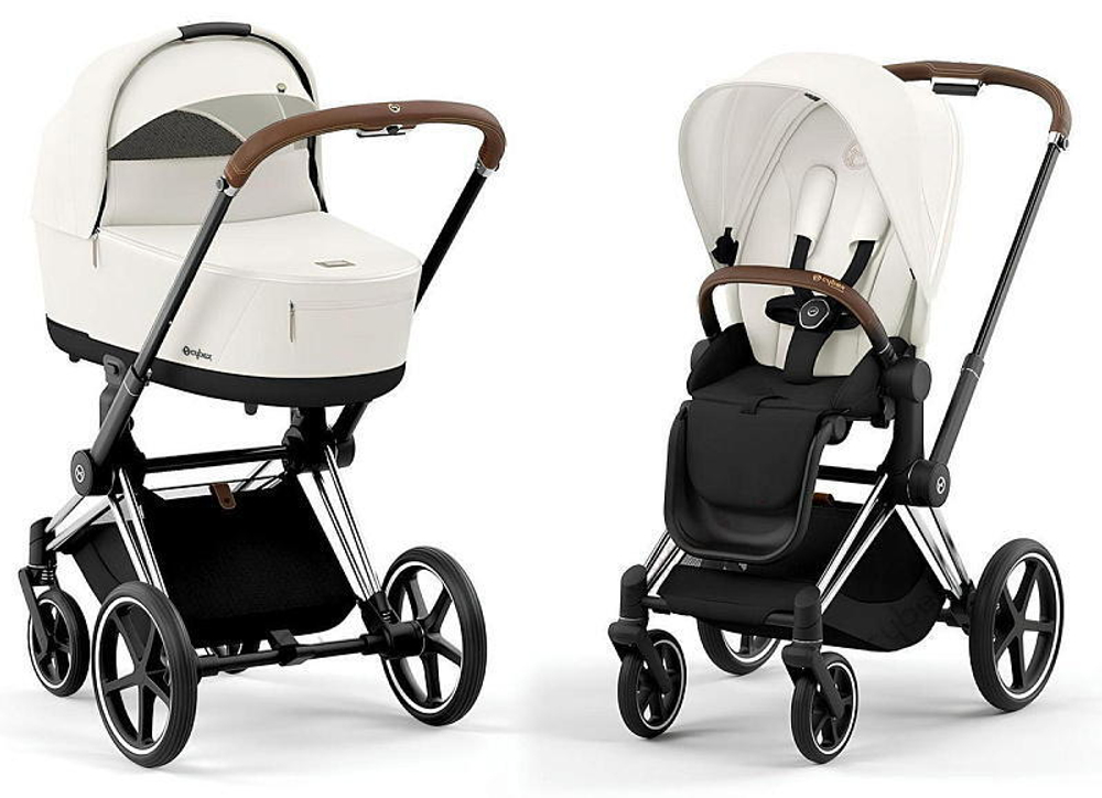 Коляска 3 в 1 Cybex Priam IV Chrome Brown complete и автокресло Cloud T i-Size Platinum White Plus Off White