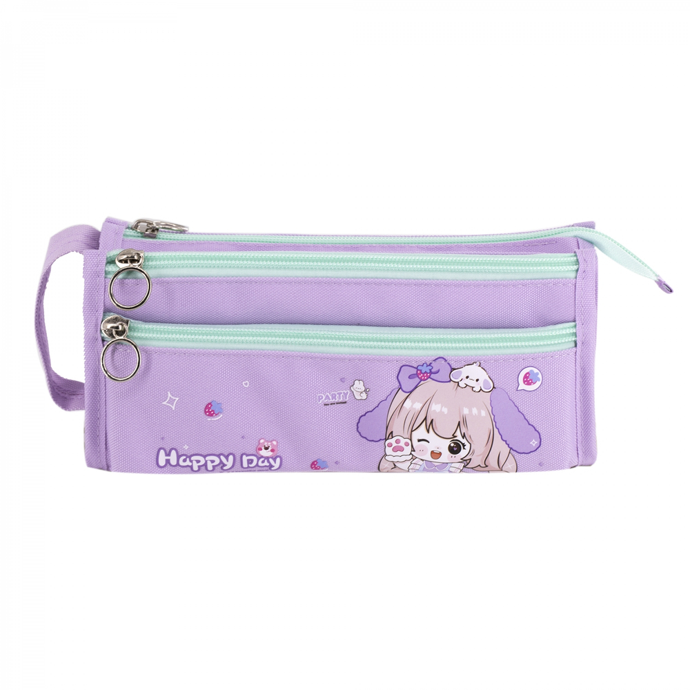 Пенал - косметичка Alingar, ткань, молния, 2 отделения, 2 боковых кармана, липучка, петля, 200 х 90 х 45 мм, "Happy Day", микс (розов, голуб, сиренев)