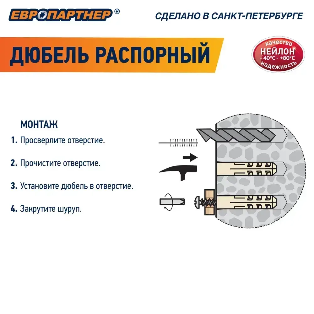 Дюбель распорный 4х20мм PND с шурупом 2,5х25мм, нейлоновый Европартнер (20 шт.)