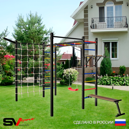 Уличная шведская стенка Sv Sport рукоход с комплектом турник прямой 2шт У5497 (Брусья/Скамья/"Лодочка"/Кронш бокс/Сетка)