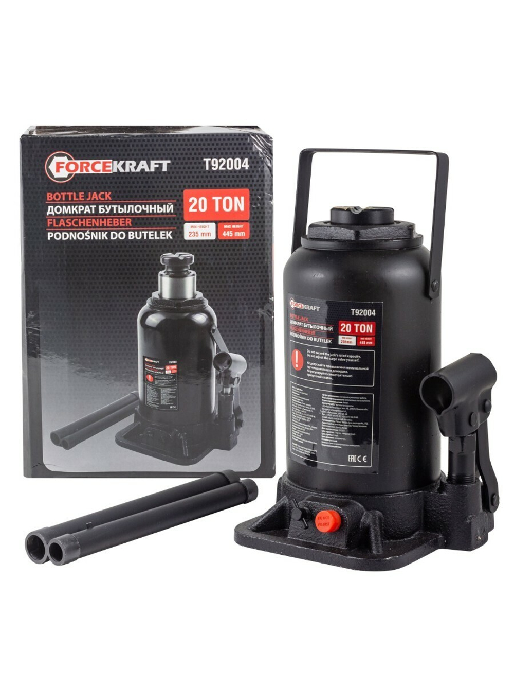 Домкрат бутылочный 20т с клапаном (h min-235мм, h max-445мм) FORCEKRAFT FK-T92004(DS)