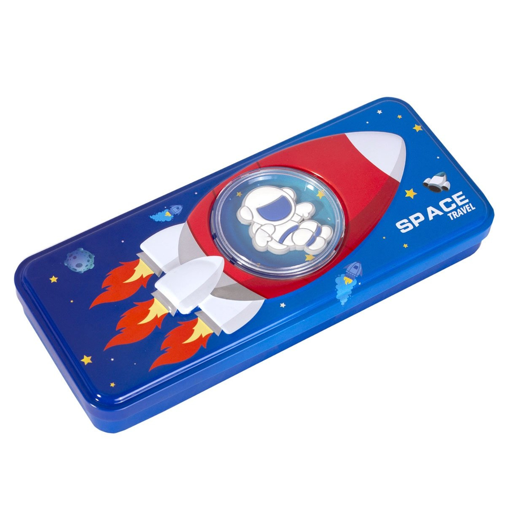 Пенал металлический 2 отделения Alingar, таблица умножения, органайзер, 100 х 220 мм, "Space travel. Космонавт", синий (космонавт в ракете)