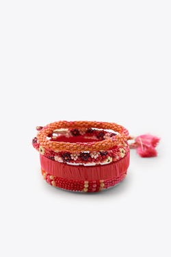 ZARA НАБОР БРАСЛЕТОВ С БУСИНАМИ, КРАСНО-ОРАНЖЕВЫЙ