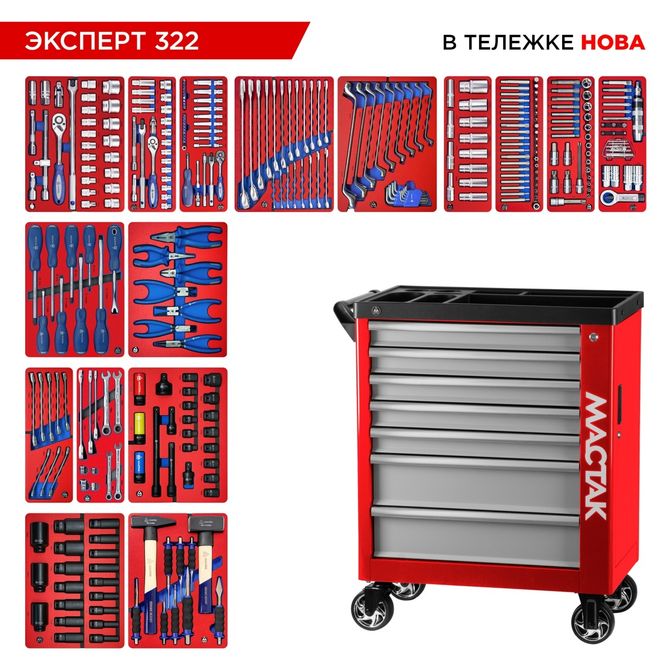 МАСТАК (50-07322R) Набор инструментов 323 предмета, "ЭКСПЕРТ 322", в красной тележке