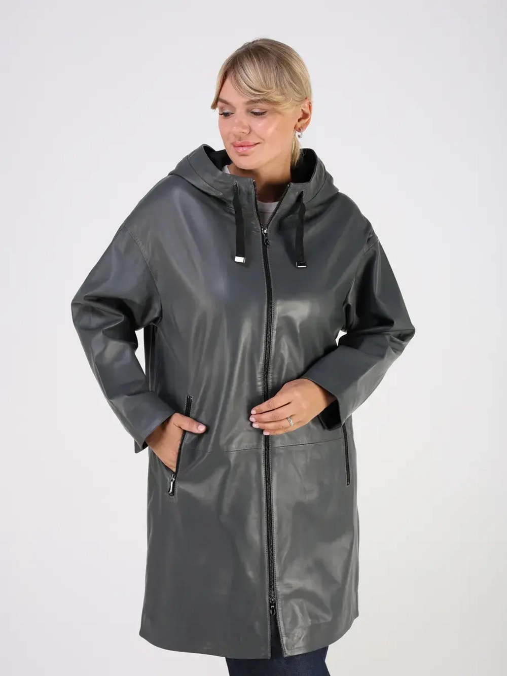 Кожаная куртка демисезонная с капюшоном длинная