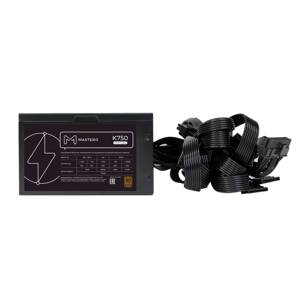 Блок питания ATX Mastero K750, 750W, 80+Bronze, Retail, APFC, 2x4+4pin, 4x6+2PIN, 6xSATA, 3xMOLEX (K750-120BFV1)