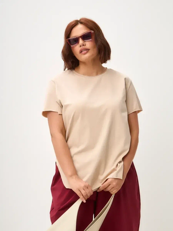 Футболка дизайнерская оверсайз фигурным низом бежевый