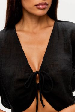 Блуза с завязками из хлопка stone wash черного цвета