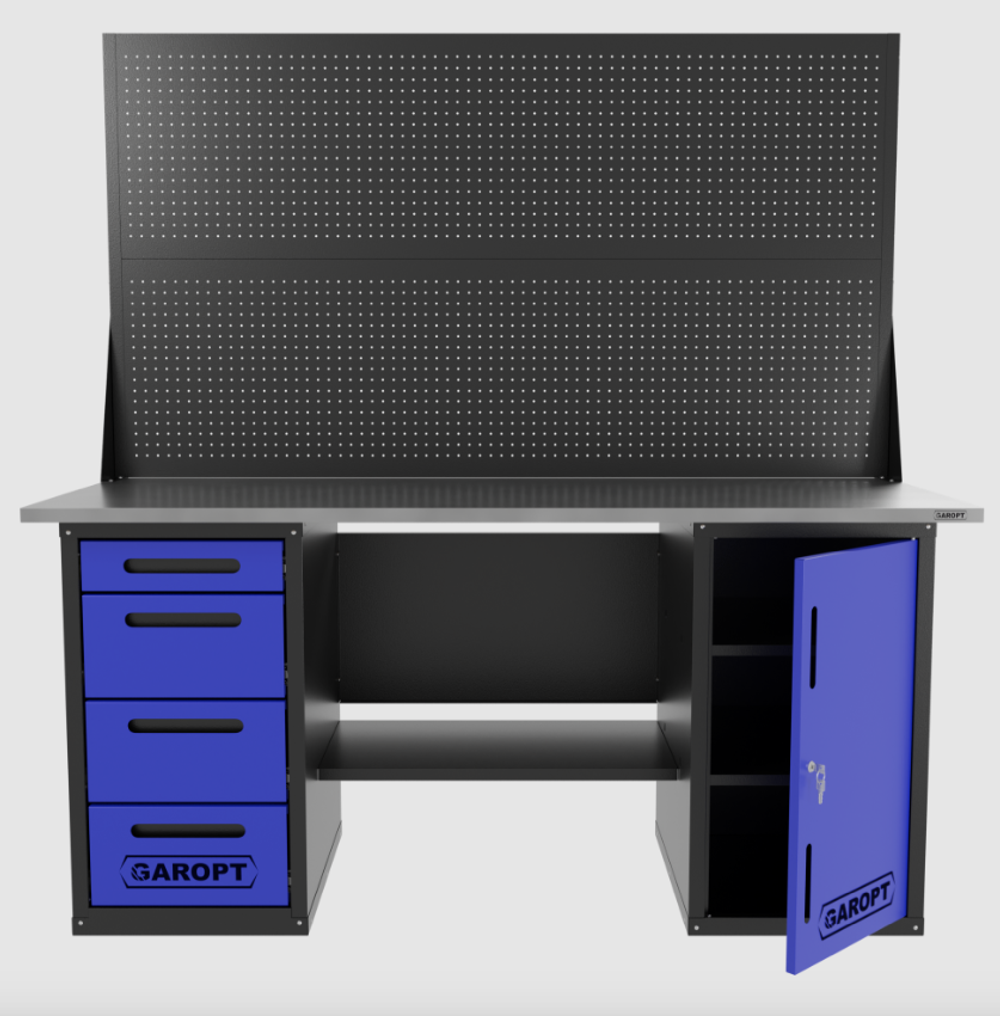 Верстак двухтумбовый дверь/4 ящиков с двумя экранами, синий 1800*700 Garopt, GT1800DY4PP2.blue