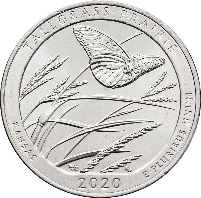25 центов (1/4 доллара, квотер) 2020 США «Национальный заказник Толлграсс Прейри» (P) (55-й парк)