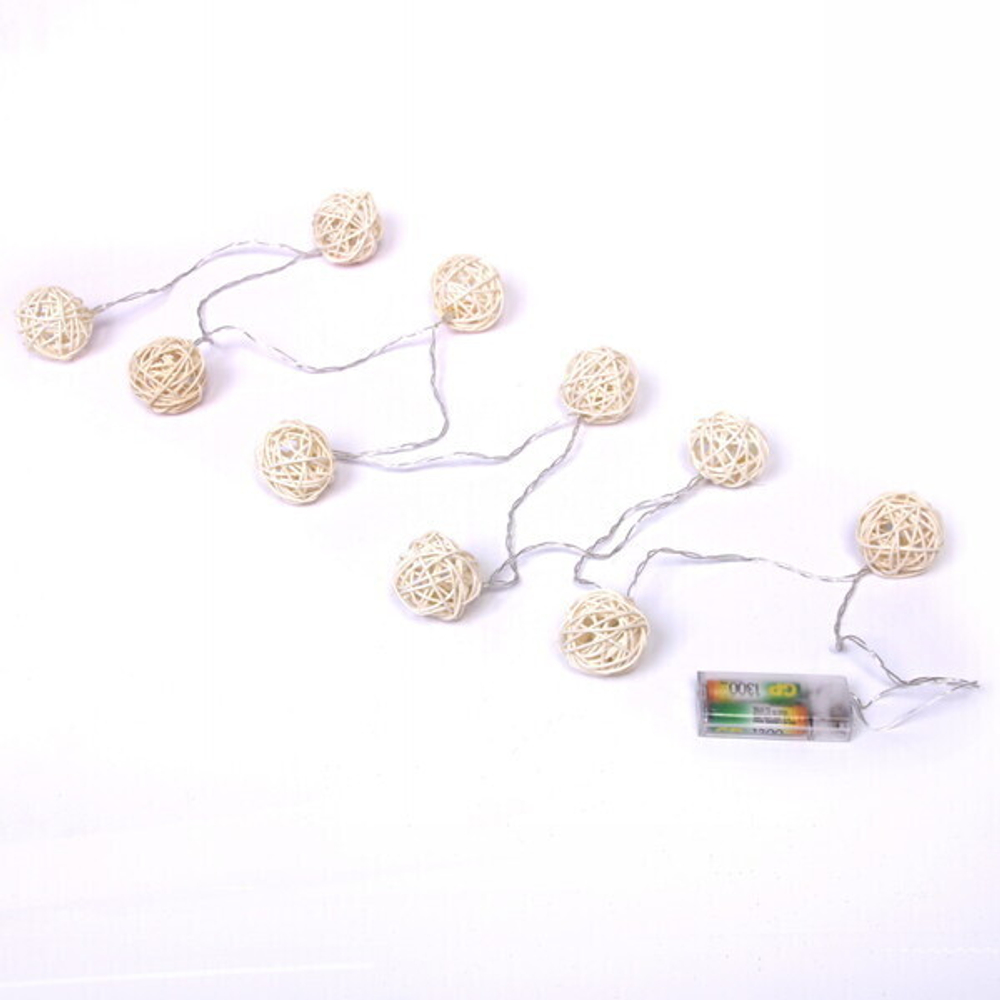 Гирлянда для дома 2м 10 ламп LED с насадками ШАР ПЛЕТЕНЫЙ БЕЛЫЙ d-5 см, прозрач.провод, IP-20 Теплый белый на батарейках 2АА