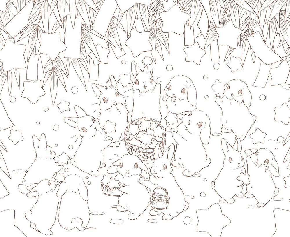 Rabbits and Nostalgic Japanese Scenery. Coloring Book