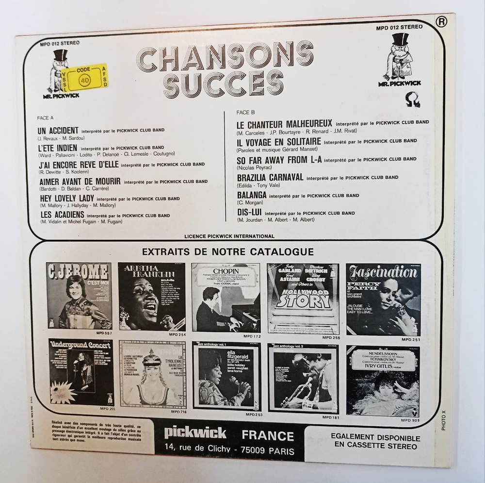 Винтажная виниловая пластинка LP The Pickwick Club Band Chansons Succes Vol.1 (France 1975)