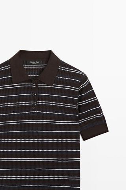 Massimo Dutti Футболка поло из смесовой хлопковой ткани в полоску с ажурным узором, синий