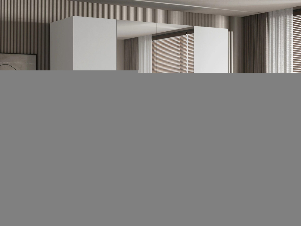 Распашной четырехсекционный шкаф Эмма (с 2 зеркалами и 2 ящиками) c черными ручками Белый снег 8685 BS  240*60*220