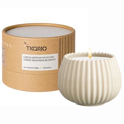 Свеча ароматическая Tkano Edge Green tea & Pear blossom бежевая 30ч