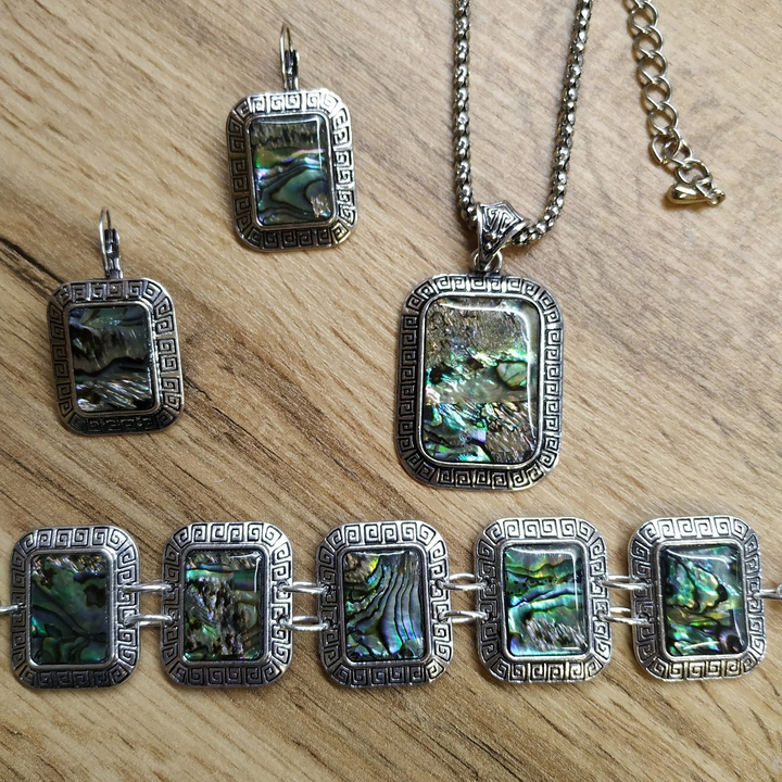 Набор бижутерии Подвеска (23x28 мм) + Браслет + Серьги, форма прямоугольник, перламутр гелиотис, 48 см, 20 см