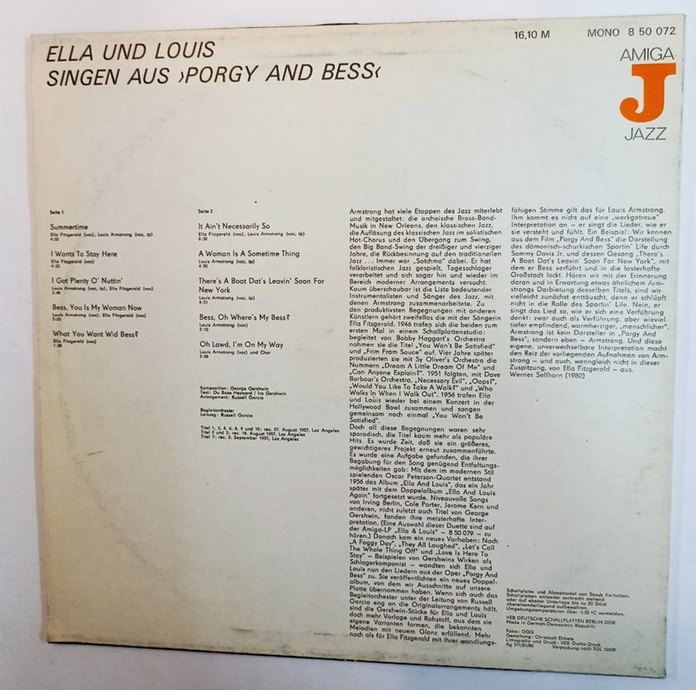 Винтажная виниловая пластинка Ella Fitzgerald and Louis Armstrong Ella Und Louis Singen Aus Porgy And Bess (GDR 1981)