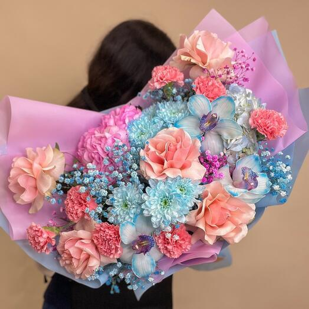 Розово-голубой букет XL с орхидеями, гортензиями, хризантемами, розами и гипсофилой