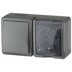 Блок розетка с выключателем ЭРА Эксперт 11-7401-03 IP54 16A-10AX-250В ОУ серый | Эра Эксперт