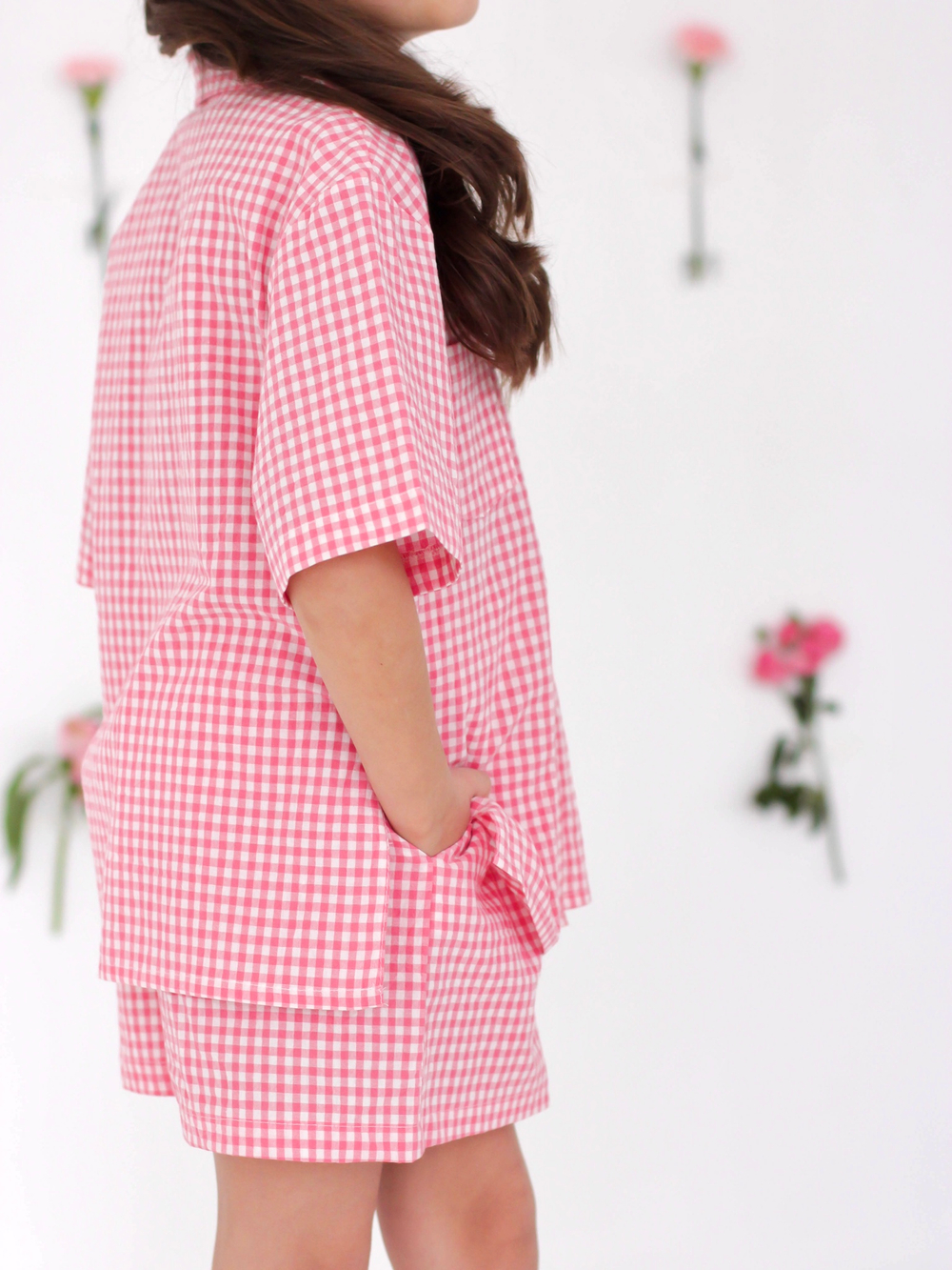 Костюм из варёного хлопка, рубашка и шорты "Розовая клеточка"