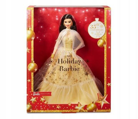 Кукла Barbie Mattel Signature - Фирменная рождественская кукла Барби 2023 с черными волосами в золотом платье HJX07
