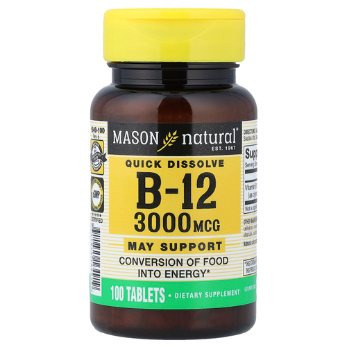 Mason Natural, быстрорастворимый витамин B12, 3000 мкг, 100 таблеток