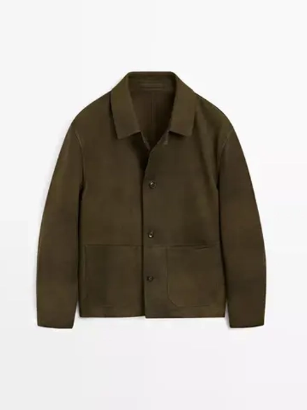 Massimo Dutti Куртка из 100% овечьей кожи с эффектом потертости, зеленый