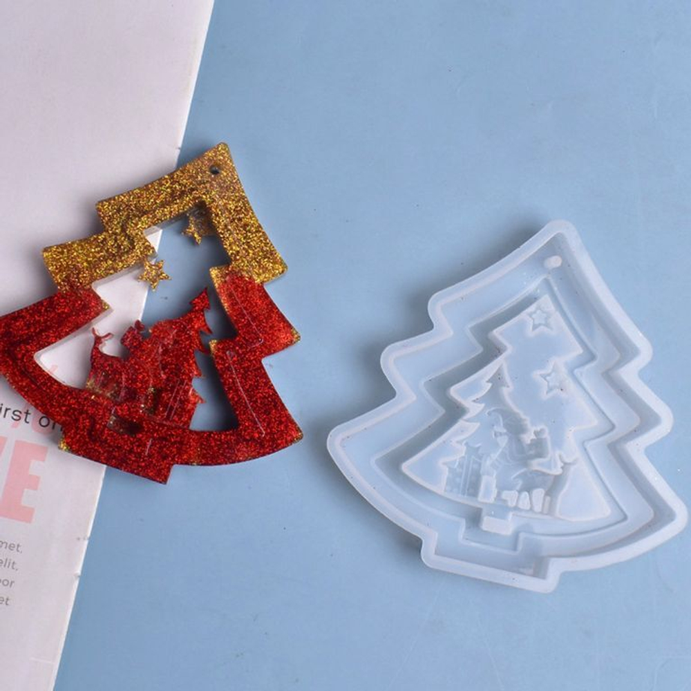 Силиконовый молд  «Елочка с оленем и подарками»  (размер формы 11.8*11.6 см)