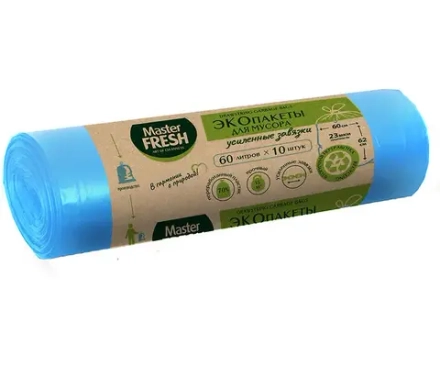 Master FRESH ЭКО пакеты для мусора 70% RECYCLING с усиленными завязками 60л/10шт  23мкм