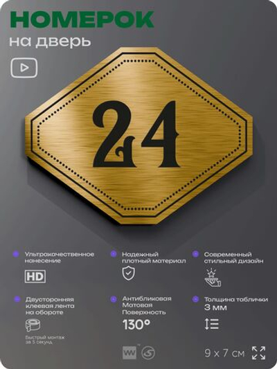 Номерок на дверь квартиры 24, для кабинета, офиса, шильдик 9 х 7 см, золотистый, Айдентика Технолоджи