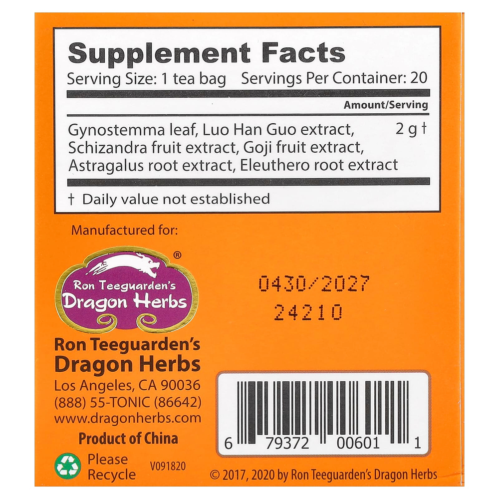 Dragon Herbs, Весенний чай Longevity Tea™, без кофеина, 20 чайных пакетиков, 40 г (1,8 унции)
