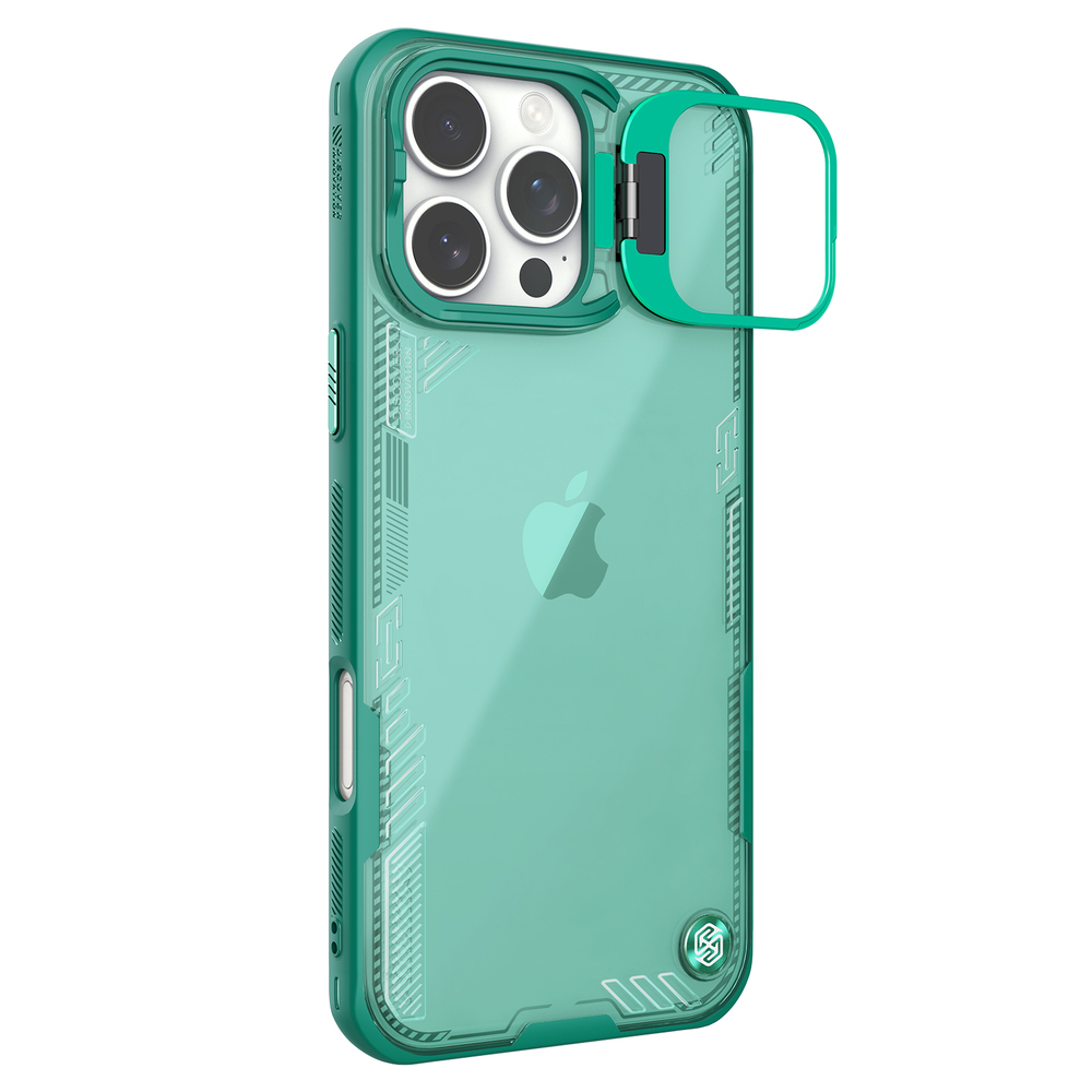 Чехол зеленого цвета от Nillkin с металлической крышкой на iPhone 16 Pro Max, серия Iceblade Prop Case (Hollow Version) (версия с открытой камерой)