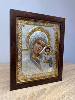 Казанская БМ, икона прямоугольная в рамке под стеклом, красное дерево 206х258
