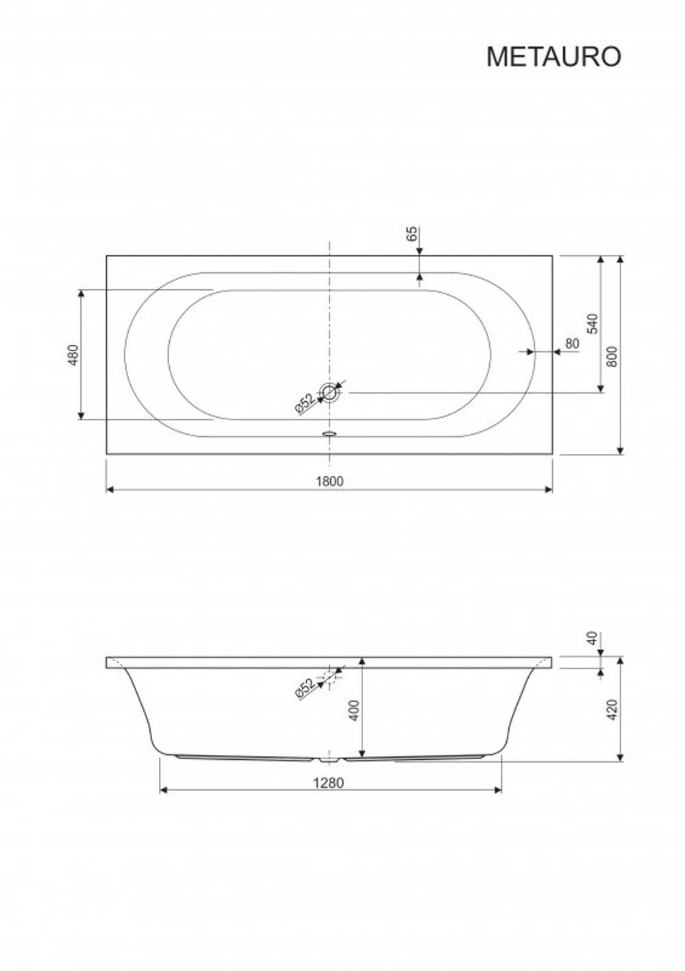 Ванна акриловая 180х80 Cezares METAURO-180-80-42-W37