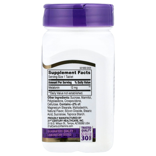 21st Century, мелатонин, максимальная сила действия, со вкусом вишни, 12 мг, 120 таблеток