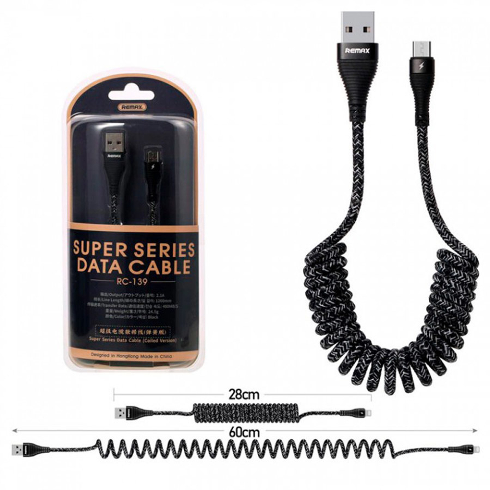 Кабель USB - MicroUSB Remax RC-139m ( пружина ) Черный