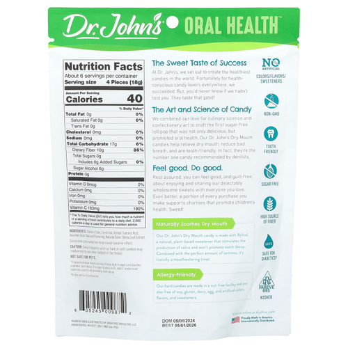 Dr. John's Healthy Sweets, Oral Health™, капли от сухости для рта, с ксилитолом, апельсин, 24 конфеты в индивидуальной упаковке. 109 г (3,85 унции)